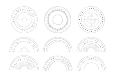 Protractor. 360 degree measurement shapes with numbers and symbols cir