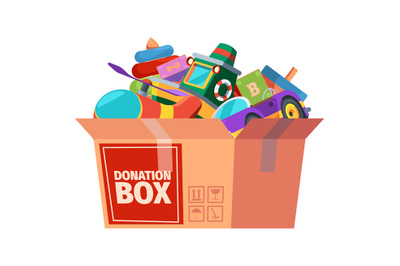 Donation box. Children toys in containers carrying for poor kids suppo