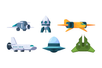 Spaceship. Ufo and rockets space travel universe shuttles garish vecto