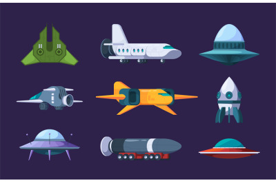 Space shuttles. Rockets and alien ufo jet shuttle universe flying futu