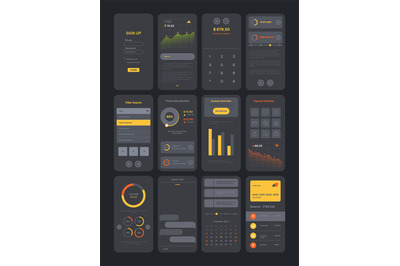 Dark theme ui kit. Digital modern interface app pages templates with v