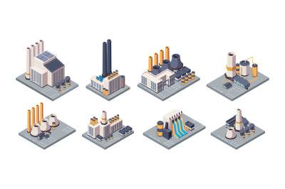 Industrial plants. Isometric factory buildings with tubes energy produ