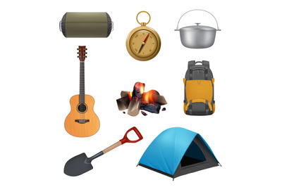 Camping elements. Realistic campfire tent guitar backpack for travelle