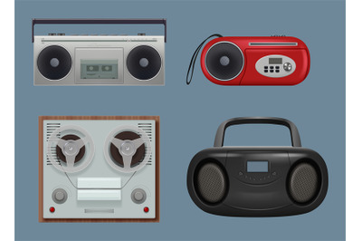 Recorders. Vintage realistic reel recorders sound machines with music