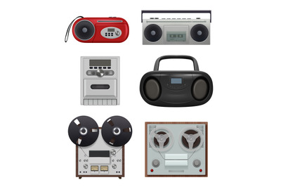 Vintage recorders. 80s music stuff portable audio gadgets reciever wit