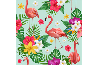 Flamingo pattern. Exotic birds and plants illustration for textile des