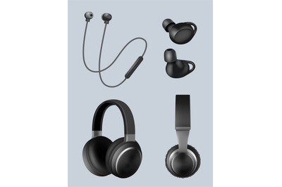 Realistic headphones. Music objects audio headset for listening decent