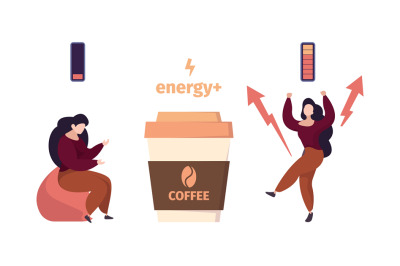 Coffee energy. Woman before and after drinking hot drink. Active life