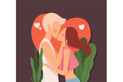 Couple kiss. Love dating, man kissed woman on red heart background. Su