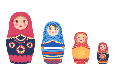 Decorative russian dolls. Matryoshka dolls, flat tourist souvenirs fro