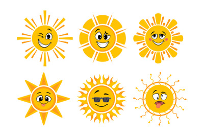 Funny cartoon suns. Yellow faces&2C; sun icons with emotions. Summer hot