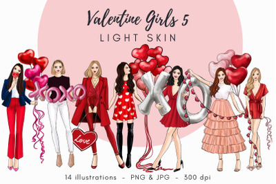 Valentine Girls 5 - Light skin Watercolor Fashion Clipart