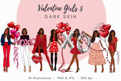 Valentine Girls 5 - Dark skin Watercolor Fashion Clipart