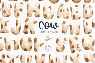 Cow alphabets and numbers, cow font clipart, cow alphabet clipart