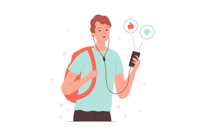 Like dislike concept. Man holding smartphone and thinking. Boy listen