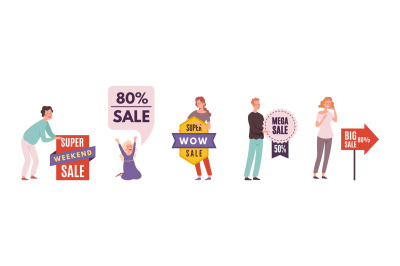 People hold sale banners. Shopping characters&2C; discount concept with c