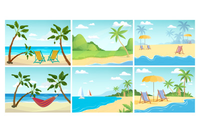 Summer beach landscape. Palm ocean relax&2C; empty sea tropical vector ba