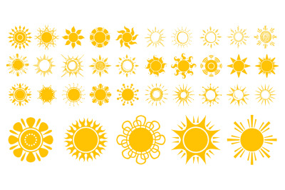 Sun icons. Isolated yellow suns, flat and sketch sunny elements. Sprin