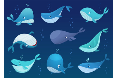 Whales cartoon. Underwater wild big cute fishes sea or ocean swimming