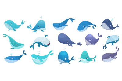 Whales collection. Ocean underwater life with big swimming blue fishes