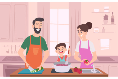 Family couple kitchen. Kids with parents preparing food and serving ta