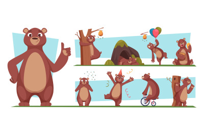 Funny bear. Brown wild animal with honey bear standing jumping cartoon