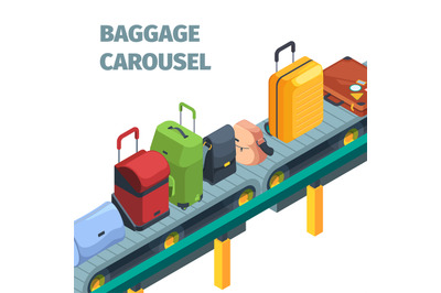 Isometric suitcase. Travel bags on airport terminal conveyor luggage s