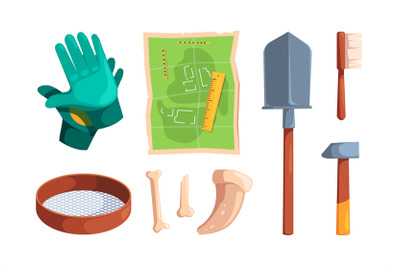 Archeology tools. Digging items archiological equipment for ancient kn