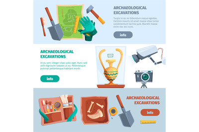 Archaeological banners. Ancient tools for history adventure education