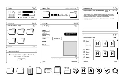 Web pages layout templates in retro style digital screen symbols icons