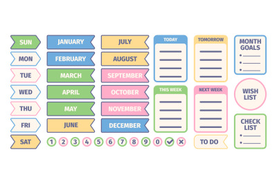 Organizer stickers. Calendar scrapbook elements for daily pages design