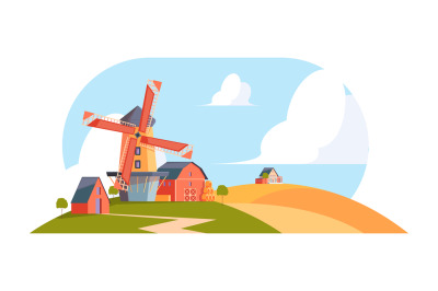 Village windmills. Cartoon rural background agricultural landscape wit