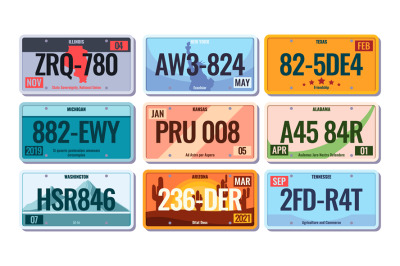 Car license numbers. Steel plates with numbers for vehicles america co