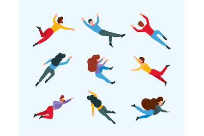 Flying persons. Moving and dreaming people in action poses sleeping an