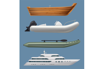 Realistic boats. Ship and yacht in sea or ocean sailing water transpor