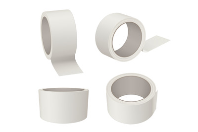 Sticky tape. Realistic white tape roll 3d view office supply items dec