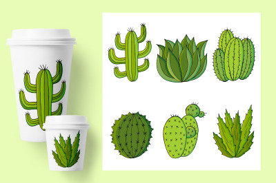 Set of cartoon images of cacti