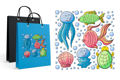Print for t-shirts. Jellyfish, fish, turtle, shells