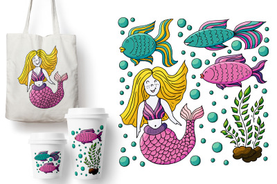 Set of illustrations. Seaweed, fish, mermaid