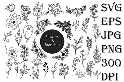 Flower, Branches, Ornament, Floral, SVG. 35 elements.