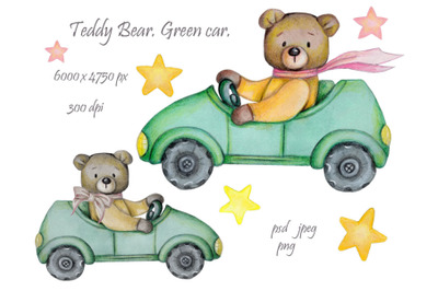 Teddy Bear in green car. Watercolor illustration.