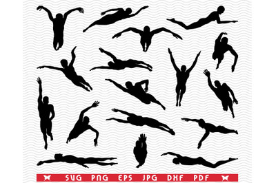 SVG Swimmers, Black isolated silhouettes digital clipart