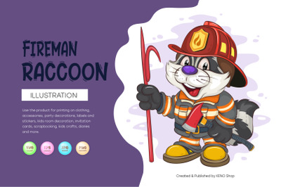 Cartoon Raccoon Fireman. T-Shirt, PNG, SVG.