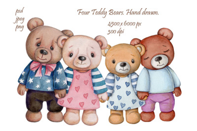 Four Teddy Bears. Hand drawn.