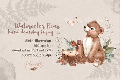 Watercolor cute little baby Bear with butterfly illustration