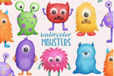 Watercolor Monsters Clipart Illustrations