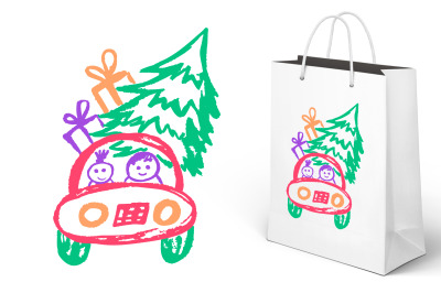 Cute childish drawing. Christmas car, family