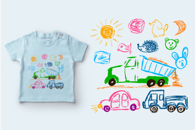 Children&#039;s drawings. Truck with sand, cars, sun, faces