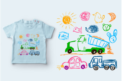 Children&amp;&23;039;s drawings. Truck with sand&2C; cars&2C; sun&2C; faces