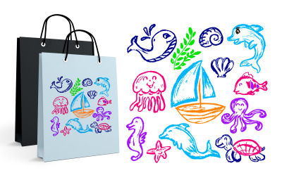 Cute children&#039;s drawing. Jellyfish, octopus, whale, dolphin